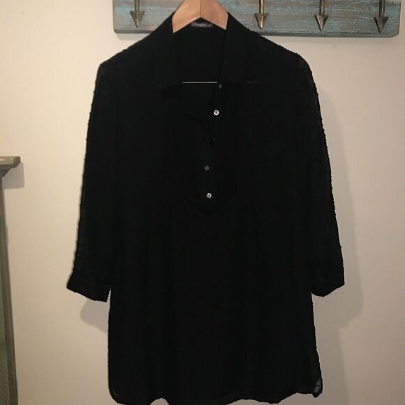 J.McLaughlin‎ Silk Tuxedo Pleat Eyelash Tunic Top Womens Size Medium Black - Picture 2 of 5